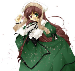 Rule 34 | 00s, 1girl, brown hair, clothes lift, collar, cowboy shot, dress, dress lift, flower, frills, green dress, green eyes, hatano yuuka, head scarf, heterochromia, holding, holding flower, long hair, looking at viewer, ribbon, rozen maiden, simple background, solo, straightchromia, suiseiseki, very long hair, white background