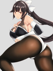Rule 34 | 1girl, akire (akireru shoujo), ass, azur lane, bare shoulders, black hair, black pantyhose, bow, breasts, cleavage, cleavage cutout, clothing cutout, hair bow, hair flaps, highres, huge ass, large breasts, legs, open mouth, pantyhose, ponytail, race queen, ribbon, takao (azur lane), takao (full throttle charmer) (azur lane), thick thighs, thighs, white bow, white ribbon, wide hips, yellow eyes