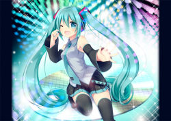Rule 34 | 1girl, aqua eyes, aqua hair, boots, detached sleeves, hatsune miku, headset, long hair, nail polish, necktie, one eye closed, open mouth, outstretched arm, sitting, skirt, solo, thigh boots, thighhighs, tougo, twintails, very long hair, vocaloid