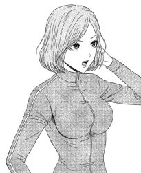 Rule 34 | 1girl, back street girls: gokudolls, breasts, commentary request, eyebrows hidden by hair, greyscale, hage tashuumi, hand in own hair, jacket, large breasts, monochrome, open mouth, solo, track jacket, upper body, yamamoto airi