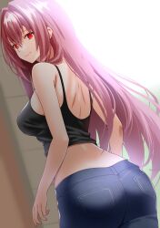 Rule 34 | 1girl, alternate costume, ass, bare shoulders, black shirt, blue pants, breasts, casual, closed mouth, commentary request, denim, engo (aquawatery), fate/grand order, fate (series), floating hair, from behind, hair between eyes, hair intakes, highres, jeans, large breasts, lips, long hair, looking at viewer, midriff, pants, pink lips, purple hair, red eyes, scathach (fate), shirt, sleeveless, sleeveless shirt, smile, solo