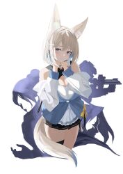 Rule 34 | 1girl, absurdres, animal ear fluff, animal ears, bare shoulders, black skirt, blue eyes, blue hair, bow, braid, breasts, brown hair, cleavage, cleavage cutout, closed mouth, clothing cutout, commentary, cropped legs, gun, hair between eyes, hair ornament, hairclip, hands up, highres, holding, holding gun, holding weapon, indie virtual youtuber, long sleeves, medium breasts, mofpi (vtuber), multicolored hair, pleated skirt, puffy long sleeves, puffy sleeves, simple background, skirt, sleeves past wrists, smile, standing, tnr (horiko1525), two-tone hair, virtual youtuber, weapon, white background, yellow bow