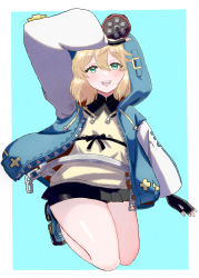 Rule 34 | 1boy, absurdres, artist request, blonde hair, blue background, blush, bridget (guilty gear), fingerless gloves, gloves, green eyes, guilty gear, guilty gear strive, highres, looking at viewer, male focus, medium hair, open mouth, smile, solo, trap