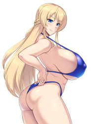 Rule 34 | 1girl, arched back, ass, back, bikini, blonde hair, blue bikini, blue eyes, braid, breasts, closed mouth, clothes pull, covered erect nipples, cowboy shot, crown braid, french braid, from side, huge ass, huge breasts, kawanuma uotsuri, sideboob, sidelocks, simple background, strap gap, sweatdrop, swimsuit, thick thighs, thighs, turning head, white background