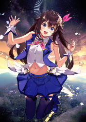 Rule 34 | 1girl, :d, above clouds, absurdres, bare shoulders, blue eyes, blue footwear, blue ribbon, blue skirt, blue thighhighs, blue vest, blush, bow, bowtie, brown hair, buttons, cityscape, cloud, cloudy sky, collared shirt, commentary request, cropped shirt, cropped vest, diamond hair ornament, falling, full body, hair between eyes, hair flaps, hair ornament, hair ribbon, hairclip, hands up, haruhina purple, head tilt, highres, hololive, leg ribbon, long hair, looking at viewer, midriff, navel, open hand, open mouth, pink bow, pink bowtie, pink ribbon, pleated skirt, ribbon, round teeth, shirt, sidelocks, skirt, sky, sleeveless, sleeveless shirt, smile, solo, spiral staircase, stairs, star (sky), star (symbol), star hair ornament, starry sky, stomach, teeth, thigh ribbon, thighhighs, tokino sora, tokino sora (1st costume), upper teeth only, vest, virtual youtuber, waist cape, white shirt, wrist cuffs