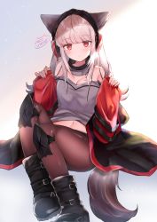 Rule 34 | 1girl, 2020, abstract background, animal ears, arknights, armpit crease, artist logo, black footwear, black jacket, boots, breasts, cleavage, detached collar, fingernails, floating, frostleaf (arknights), grey shirt, headphones, highres, implied extra ears, jacket, knee pads, leather, leather boots, material growth, midriff peek, multicolored clothes, multicolored jacket, nail polish, neco meito, oripathy lesion (arknights), pantyhose, red eyes, red sleeves, shirt, sidelocks, signature, sitting, solo, tail, thighs, two-tone jacket, white background, white hair