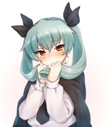 Rule 34 | 10s, 1girl, anchovy (girls und panzer), blush, cape, drill hair, embarrassed, girls und panzer, green hair, hair ribbon, highres, holding, holding own hair, kou (garakuta teikoku), long hair, long sleeves, looking at viewer, necktie, open mouth, red eyes, ribbon, school uniform, shirt, simple background, solo, twin drills, twintails, white shirt