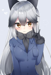 Rule 34 | 1girl, abe suke, animal ears, black bow, black gloves, black hair, black jacket, black shirt, bow, brown eyes, commentary request, fox ears, fox shadow puppet, fur-trimmed sleeves, fur trim, gloves, gradient hair, grey background, hand up, heart, highres, jacket, kemono friends, long hair, long sleeves, looking at viewer, multicolored hair, parted lips, shirt, signature, silver fox (kemono friends), silver hair, simple background, sleeves past wrists, solo, very long hair
