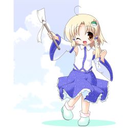Rule 34 | 1girl, ahoge, ankle boots, arm up, blonde hair, blush stickers, boots, chibi, clenched hand, cloud, cosplay, day, detached sleeves, female focus, frog hair ornament, gohei, hair ornament, hair tubes, kochiya sanae, kochiya sanae (cosplay), long sleeves, midriff, moegi yuu, moriya suwako, no headwear, no headwear, no socks, one eye closed, oonusa, open mouth, shadow, short hair, skirt, sky, snake, solo, third-party edit, touhou, vest, white background, wink, yellow eyes