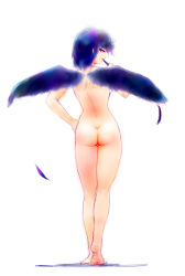 Rule 34 | 1girl, absurdres, ass, back, black hair, black wings, completely nude, from behind, full body, hand on own hip, highres, konpasu, lips, naughty face, nude, red eyes, shameimaru aya, solo, touhou, wings