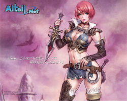 Rule 34 | 1girl, alteil, armor, boots, breasts, cleavage, dagger, elbow gloves, gloves, knife, midriff, miniskirt, pink hair, science fiction, skirt, solo, sword, thighhighs, weapon, wild flower, yamashita shun&#039;ya
