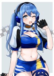 Rule 34 | 1girl, absurdres, bandeau, black gloves, blue bandeau, blue eyes, blue hair, blush, breasts, cleavage, cropped jacket, gloves, gotland (kancolle), hair between eyes, half gloves, headphones, headset, highres, kantai collection, large breasts, long hair, midriff, mole, mole under eye, navel, one eye closed, open mouth, ponytail, race queen, short sleeves, side slit, simple background, skirt, solo, swedish flag, swedish text, thigh strap, toriniku senshi chikinman, two-tone background