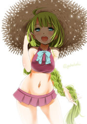 Rule 34 | 10s, 1girl, arm behind back, bare shoulders, blue eyes, braid, green hair, halterneck, halterneck, hat, kantai collection, long hair, microskirt, mole, mole under mouth, navel, open mouth, simple background, single braid, skirt, smile, sogabe toshinori, solo, sun hat, very long hair, yuugumo (kancolle)