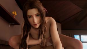 Rule 34 | 1boy, 1girl, 3d, aerith gainsborough, animated, breasts, final fantasy, final fantasy vii, final fantasy vii remake, girl on top, green eyes, hair ornament, happy sex, highres, jewelry, lazyprocrastinator, long hair, looking at viewer, necklace, penis, pov, pussy, small breasts, squatting cowgirl position, uncensored, vaginal, video