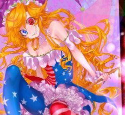 Rule 34 | 1girl, absurdres, adapted costume, american flag, american flag dress, american flag legwear, bare shoulders, bifrst, blonde hair, blue eyes, clownpiece, commentary request, crazy, crazy smile, dress, fairy, fairy wings, flat chest, frilled dress, frills, grin, hat, heterochromia, highres, jester cap, long hair, looking at viewer, nail polish, off-shoulder dress, off shoulder, pantyhose, polka dot headwear, purple background, purple hat, red eyes, sharp teeth, smile, solo, strapless, strapless dress, teeth, touhou, wings, wrist cuffs
