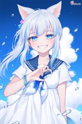 Rule 34 | 1girl, animal ears, bangle, blue eyes, blue hair, blue nails, blue neckerchief, blue sailor collar, blue sky, bracelet, breasts, cat ears, cloud, cloudy sky, commentary, cube hair ornament, day, dress, english commentary, gawr gura, grey hair, grin, hair ornament, hand up, highres, hololive, hololive english, jewelry, long hair, long sleeves, looking at viewer, multicolored hair, nail polish, neckerchief, outdoors, pong (vndn124), sailor collar, sailor dress, sharp teeth, short sleeves, side ponytail, sky, small breasts, smile, solo, streaked hair, teeth, virtual youtuber, white dress