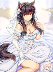 Rule 34 | 1girl, animal ear fluff, animal ears, bare shoulders, black hair, blush, bouquet, bracelet, breasts, bridal veil, bride, cleavage, collarbone, commentary request, commission, dress, elbow gloves, female focus, flower, gloves, hair between eyes, highres, imaizumi kagerou, jewelry, large breasts, long hair, looking at viewer, monety, nail polish, pearl bracelet, pixiv commission, red eyes, red nails, ring, single glove, sitting, smile, solo, strapless, strapless dress, tail, touhou, veil, wedding band, wedding dress, white dress, white flower, white gloves, wolf ears, wolf tail