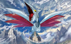 Rule 34 | anesaki dynamic, animal focus, bird, creature, creatures (company), flying, game freak, gen 2 pokemon, looking at viewer, nintendo, no humans, official art, pokemon, pokemon (creature), pokemon tcg, skarmory, solo, third-party source, yellow eyes
