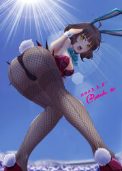 Rule 34 | 1girl, ahoge, animal ears, aqua bow, aqua bowtie, ass, blue sky, blunt bangs, bow, bowtie, breasts, brown eyes, brown hair, cleavage, cloud, commentary request, commission, day, detached collar, fishnet pantyhose, fishnets, grey pantyhose, kantai collection, kishinami (kancolle), leaning forward, lens flare, leotard, looking at viewer, looking back, medium breasts, moke ro, outdoors, pantyhose, pixiv commission, playboy bunny, pom pom (clothes), purple leotard, rabbit ears, rabbit tail, short hair, sky, solo, strapless, strapless leotard, sun, tail, thighband pantyhose, wavy hair, wrist cuffs