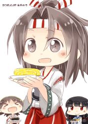 Rule 34 | &gt; &lt;, 3girls, artist name, bad food, black hair, brown eyes, brown hair, dated, food, hachimaki, hakama, headband, hiei (kancolle), high ponytail, hinata yuu, isokaze (kancolle), japanese clothes, kantai collection, light brown hair, long hair, looking at viewer, multiple girls, muneate, odd one out, omelet, one-hour drawing challenge, open mouth, ponytail, red eyes, red hakama, school uniform, serafuku, short hair, simple background, smile, solo focus, tamagoyaki, white background, zuihou (kancolle)