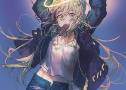 Rule 34 | 1girl, arms up, black jacket, blonde hair, blue pants, camisole, earrings, food, food in mouth, hair between eyes, hair ornament, hair ribbon, halo, highres, jacket, jewelry, long hair, midriff peek, open clothes, open fly, open jacket, original, pants, popsicle, ribbon, side ponytail, solo, star (symbol), star earrings, unzipped, very long hair, wata (attaka towel), white camisole, yellow eyes, yellow ribbon
