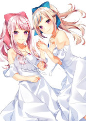 Rule 34 | 2girls, absurdres, bare shoulders, blonde hair, blue bow, blue hair, blue nails, blush, bow, closed mouth, collarbone, dress, hair bow, highres, himehina channel, holding hands, jewelry, kitazume kumie, lips, long hair, looking at viewer, matching outfits, multicolored hair, multiple girls, nail polish, necklace, off shoulder, pink bow, pink hair, purple eyes, red hair, red nails, simple background, smile, streaked hair, suzuki hina, tanaka hime, virtual youtuber, white background, white dress, wind