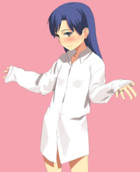 Rule 34 | 00s, 1girl, blue hair, blush, bottomless, covered erect nipples, dress shirt, flat chest, grey eyes, idolmaster, idolmaster (classic), idolmaster 1, jewelry, kisaragi chihaya, long sleeves, naked shirt, outstretched arms, pink background, ring, shirt, shrugging, simple background, sleeves past wrists, smile, solo, spread arms, standing, yu 65026