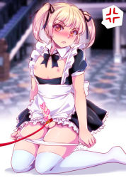 Rule 34 | 1boy, anger vein, apron, blonde hair, blush, bottomless, bow, bowtie, censored, crossdressing, dress, erection, frown, full body, hair ribbon, heart, heart censor, ichino (ichinon), indoors, leash on penis, long hair, looking at viewer, maid, maid apron, male focus, nipples, original, panties, panty pull, penis, penis out, pulled by self, red eyes, ribbon, seiza, sitting, solo, speech bubble, spoken anger vein, testicles, thighhighs, trap, twintails, twitter username, underwear, watermark, yellow eyes