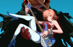 Rule 34 | 1girl, :3, animal ears, bare shoulders, bass guitar, black cloak, blue background, blue footwear, breasts, canti, carrying, cloak, commentary, cuffs, detached collar, earrings, electric guitar, english commentary, facing viewer, fake animal ears, fake tail, flcl, flipped hair, foot up, gloves, guitar, hair between eyes, hairband, haruhara haruko, high heels, holding, holding instrument, instrument, jewelry, leotard, looking at viewer, looking to the side, mask, pantyhose, playboy bunny, princess carry, rabbit ears, raneblu, red gloves, red hair, red leotard, short hair, simple background, size difference, small breasts, smile, solo focus, stiletto heels, strapless, strapless leotard, tail, torn clothes, torn pantyhose, white pantyhose, yellow eyes