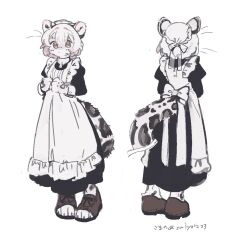 Rule 34 | 1girl, animal ears, artist name, character request, colored skin, commentary request, full body, furry, furry female, gomafuto, leopard girl, looking at viewer, maid, original, simple background, solo, spotted fur, spotted tail, tail, translation request