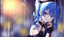 Rule 34 | 1girl, bare shoulders, beret, blue eyes, blue hair, blue nails, collarbone, gloves, hair between eyes, hat, highres, hololive, hoshimachi suisei, looking at viewer, medium hair, nail polish, parted lips, partially fingerless gloves, side ponytail, signature, smile, solo, star (symbol), star in eye, symbol in eye, twitter username, upper body, virtual youtuber, yuuyu (moco20111115)