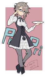 Rule 34 | 10s, 1girl, ange (princess principal), blush, boots, bow, bowtie, braid, brown hair, copyright name, french braid, frilled skirt, frills, glasses, hair ribbon, looking at viewer, miniskirt, pantyhose, princess principal, ribbon, short hair, side braid, silver hair, simple background, skirt, solo, underbust, werkbau