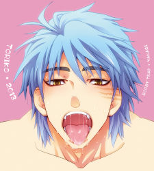 Rule 34 | 10s, 1boy, artist request, bara, blue hair, looking at viewer, male focus, open mouth, sexually suggestive, solo focus, tagme, tongue, tongue out, toriko, toriko (series)