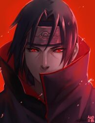 Rule 34 | 1boy, black hair, black jacket, collared jacket, covered mouth, facing viewer, headband, jacket, konohagakure symbol, looking at viewer, male focus, multicolored clothes, multicolored jacket, naruto (series), portrait, red background, red eyes, red theme, sharingan, shed1228, signature, solo, uchiha itachi