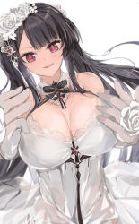 Rule 34 | 1girl, azur lane, bare shoulders, black bow, black bowtie, black hair, blunt bangs, blush, bow, bowtie, breasts, cleavage, dress, elbow gloves, flower, gloves, hair ornament, hime cut, lace, lace-trimmed dress, lace trim, large breasts, long hair, official alternate costume, open mouth, peter strasser (a moment frozen in pure white) (azur lane), peter strasser (azur lane), purple eyes, rose, shika (shika0), solo, twintails, white dress, white flower, white gloves, white legwear, white rose