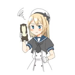 Rule 34 | 1girl, bad id, bad twitter id, blonde hair, blue eyes, blue sailor collar, bokukawauso (kantai collection), commentary request, cowboy shot, dress, gloves, hat, jervis (kancolle), kantai collection, otter, pout, sailor collar, sailor dress, sailor hat, short sleeves, simple background, solo, stuffed otter, stuffed toy, white background, white dress, white gloves, white hat
