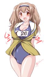 Rule 34 | :d, blush, breasts, brown eyes, cameltoe, cleavage, clothes writing, collarbone, commentary request, hairband, highres, i-26 (kancolle), kantai collection, large breasts, light brown hair, long hair, looking at viewer, mizushiro takuya, name tag, new school swimsuit, one-piece swimsuit, open mouth, sailor collar, school swimsuit, short sleeves, smile, solo, swimsuit, swimsuit under clothes, two-tone hairband, two side up, white background