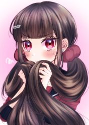 Rule 34 | 1girl, black sailor collar, blunt bangs, blush, closed mouth, danganronpa (series), danganronpa v3: killing harmony, earrings, grey background, hair ornament, hairclip, hands up, harukawa maki, highres, holding, holding own hair, jewelry, long hair, long sleeves, looking at viewer, mole, mole under eye, pout, red eyes, red shirt, sailor collar, satori (aosky9077), scrunchie, shirt, simple background, twintails, upper body