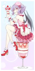 Rule 34 | 1girl, adapted costume, backless outfit, bare shoulders, bat wings, beni kurage, bobby socks, bow, closed mouth, commentary request, cup, food, frilled skirt, frills, from side, fruit, full body, hat, heart, highres, holding, holding cup, looking at viewer, mary janes, mob cap, pink hat, pink shirt, pointy ears, purple hair, red bow, red eyes, red footwear, remilia scarlet, shirt, shoes, short hair, sitting, skirt, socks, solo, strawberry, strawberry parfait, touhou, utensil in mouth, white socks, wings, wrist cuffs