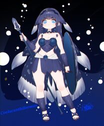Rule 34 | 1girl, air bubble, animal, arm at side, artist logo, bare shoulders, black choker, blue eyes, blue hair, blue nails, bow, braid, breasts, bubble, character name, choker, closed mouth, coelacanth, coelacanth (kemono friends), collarbone, creature and personification, dark blue hair, fingernails, fins, fish, full body, hand up, head fins, highres, holding, holding polearm, holding shield, holding weapon, kemono friends, legs apart, long hair, looking at viewer, medium breasts, midriff, miniskirt, multicolored hair, nail polish, notora, polearm, sandals, shield, side braid, silhouette, skirt, smile, solo focus, spear, standing, stomach, strapless, toenails, toes, twin braids, very long hair, weapon