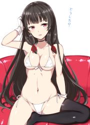 Rule 34 | 10s, 1girl, bad id, bad pixiv id, bikini, black hair, black thighhighs, breasts, feet, gloves, hair ribbon, isokaze (kancolle), kantai collection, long hair, looking at viewer, md5 mismatch, medium breasts, navel, no shoes, red eyes, ribbon, single thighhigh, solo, swimsuit, takaharu, thighhighs, translation request, wide hips