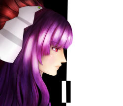 Rule 34 | 1girl, animal ears, bad id, bad pixiv id, black background, colored eyelashes, expressionless, floating hair, gradient hair, long hair, misato (misato123), multicolored hair, pointy nose, profile, purple hair, rabbit ears, red eyes, red hair, reisen udongein inaba, solo, touhou, two-tone background, upper body, white background