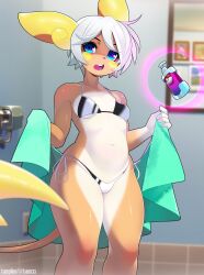 Rule 34 | 1girl, absurdres, alolan form, alolan raichu, animal ears, animal nose, artist name, bare shoulders, bathroom, bikini, blue eyes, blurry, blurry background, blurry foreground, blush, blush stickers, bob cut, body fur, bottle, breasts, cameltoe, collarbone, creatures (company), female focus, floating, floating object, furry, furry female, game freak, gen 7 pokemon, groin, hands up, highres, holding, holding towel, indoors, looking at viewer, mirror, mouse ears, mouse girl, mouse tail, navel, nintendo, nose blush, open mouth, orange fur, personification, poke ball symbol, pokemon, pokemon (creature), reflection, shiny skin, short hair, side-tie bikini bottom, sidelocks, small breasts, solo, standing, stomach, string bikini, swimsuit, tail, teeth, telekinesis, thighs, tongue, towel, tsampikos, twitter username, two-tone bikini, two-tone fur, watermark, white bikini, white fur, white hair