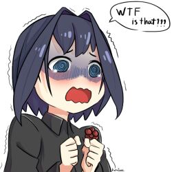 Rule 34 | 1girl, artist name, black shirt, blue eyes, blue hair, casual, commentary, english commentary, english text, food, fruit, hair intakes, highres, holding, holding food, holding fruit, hololive, hololive english, kata isaki, open mouth, ouro kronii, scared, shaded face, shirt, signature, simple background, solo, trembling, virtual youtuber, white background