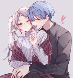 Rule 34 | 1boy, 1girl, absurdres, aqua eyes, aqua hair, artist name, black shirt, black skirt, blush, checkered clothes, checkered jacket, closed eyes, earrings, elf, frieren, grey background, hand up, heart, hetero, high collar, highres, himmel (sousou no frieren), hug, jacket, jewelry, long sleeves, medium hair, nagihaha, one eye closed, open mouth, pointy ears, red jacket, ring, shirt, short hair, simple background, skirt, sousou no frieren, sweater, teeth, twintails, white hair, white sweater