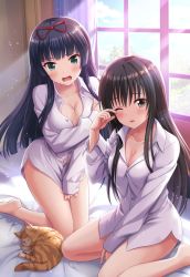 Rule 34 | 2girls, alternative girls, bed sheet, black hair, blunt bangs, blush, bow, breasts, brown eyes, brown hair, buttons, cleavage, collarbone, crossover, day, embarrassed, green eyes, hair bow, highres, indoors, kotegawa yui, large breasts, long hair, long sleeves, looking at viewer, medium breasts, multiple girls, no panties, official art, on bed, one eye closed, open mouth, red bow, rubbing eyes, shirt, sitting, sleepy, tendou machi, to love-ru, to love-ru darkness, white shirt, window