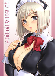 Rule 34 | 1girl, blue eyes, blush, border, bow, bowtie, breasts, buttons, cleavage, covered erect nipples, female focus, kanesada keishi, large breasts, lips, lipstick, looking at viewer, maid, maid headdress, makeup, no bra, open clothes, open shirt, original, parted bangs, shirt, short hair, silver hair, solo, undressing, upper body
