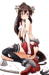 Rule 34 | 10s, 1girl, anchor, ankle boots, bad id, bad pixiv id, black thighhighs, blush, boots, breasts, brown eyes, brown hair, cherry blossoms, embarrassed, frown, headgear, highres, ido (teketeke), kantai collection, long hair, ponytail, shirt, simple background, single thighhigh, skirt, solo, thighhighs, torn clothes, torn shirt, torn skirt, torn thighhighs, underboob, very long hair, white background, yamato (kancolle)