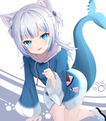 Rule 34 | 1girl, absurdres, animal ear fluff, animal ears, blue eyes, blue hair, blush, cat ears, fins, fish tail, gawr gura, hair between eyes, highres, hololive, hololive english, hood, hoodie, long hair, looking at viewer, multicolored hair, nekozame, open mouth, paw print, shark girl, shark tail, shoes, silver hair, sneakers, streaked hair, tail, transparent background, two-tone hair, virtual youtuber