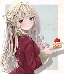 Rule 34 | 1girl, blonde hair, blue eyes, blush, cake, food, food on face, fork, highres, holding, holding fork, long hair, looking at viewer, merry christmas, original, puracotte, smile, solo, strawberry shortcake, typo